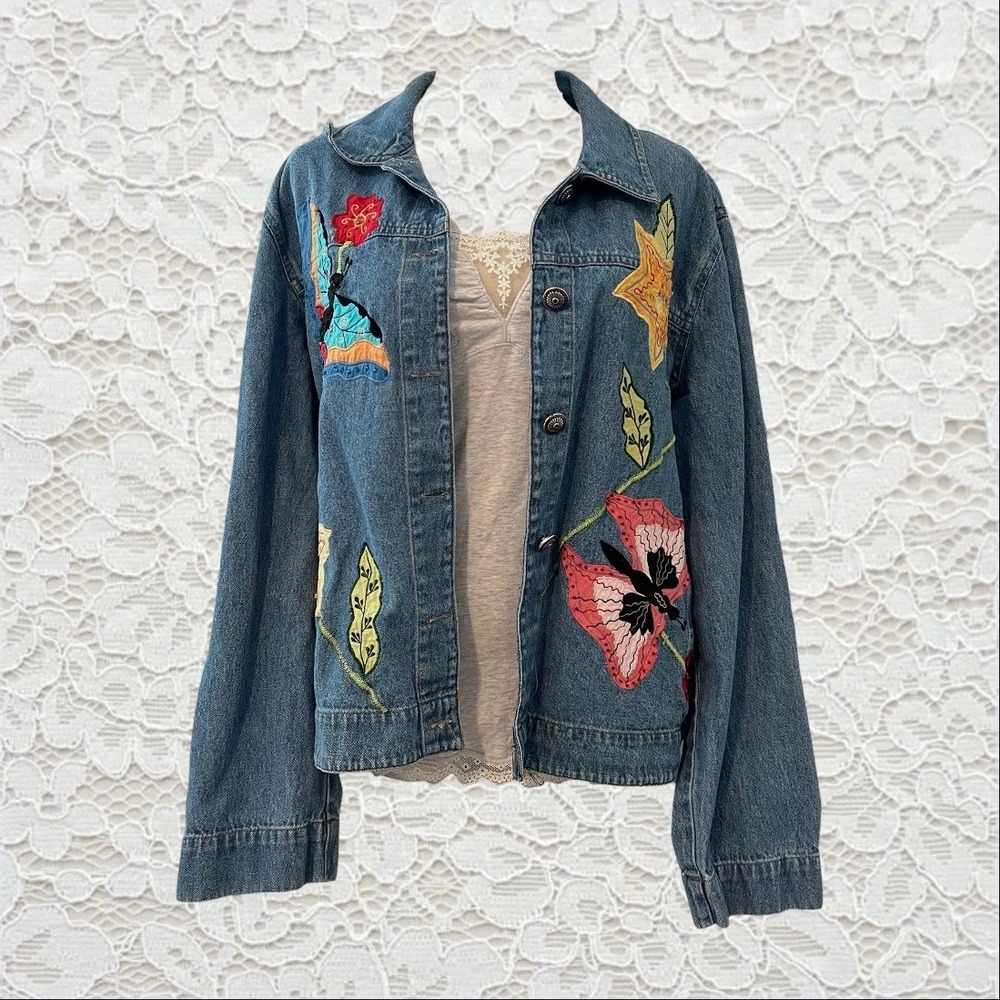 vintage butterfly & flower patch embroidered denim jacket